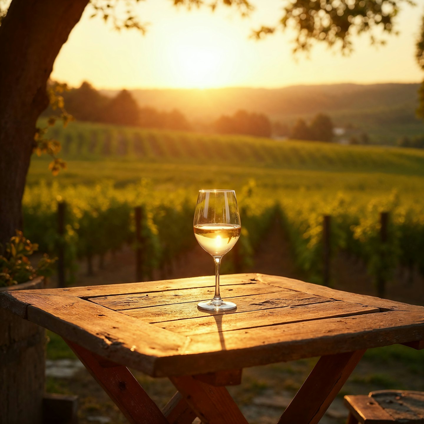 Bicchiere di vino bianco su un tavolo di legno con vista su un vigneto al tramonto.